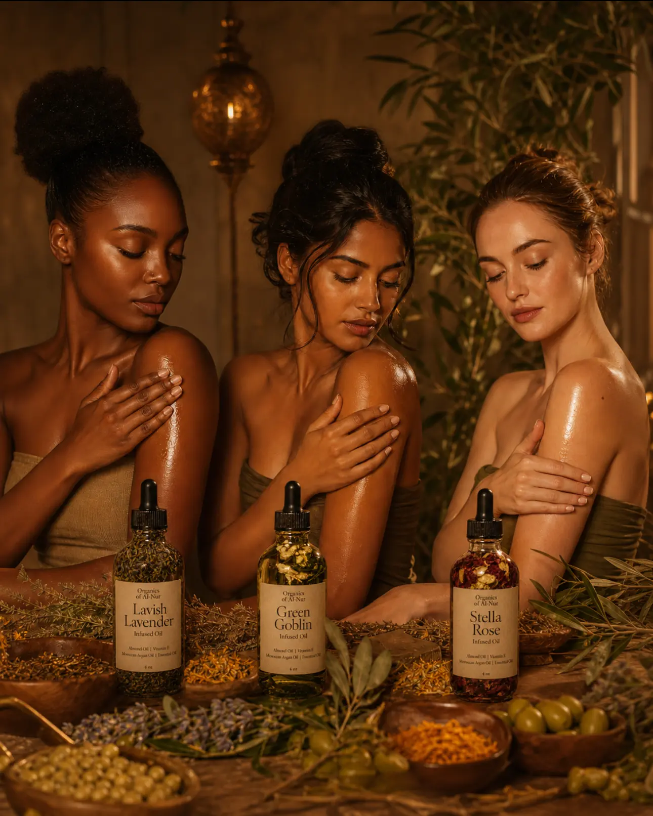 Herb-infused oil glistening on radiant skin